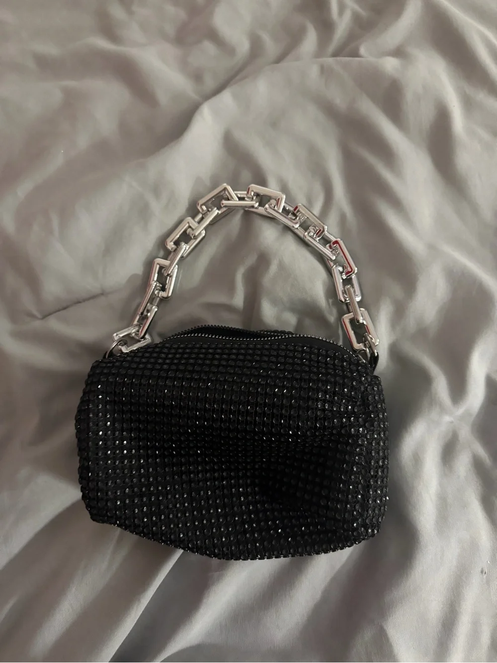 Black Rhinestone Wristlet with Chunky Silver Chain Handle